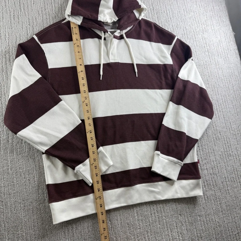 Levis Relaxed Fit Waffle Knit Striped Hoodie Mens XL Maroon White Pullover
